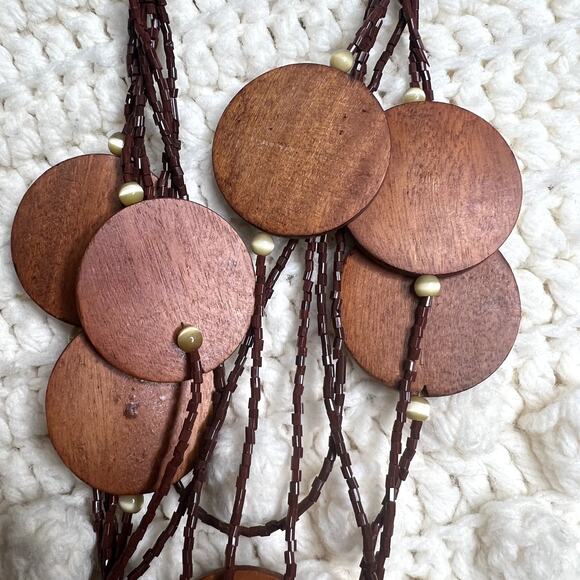 VINTAGE Women's Boho Seed Bead Wood Discs Multi Strand Necklace Natural Earthy - Picture 5 of 9